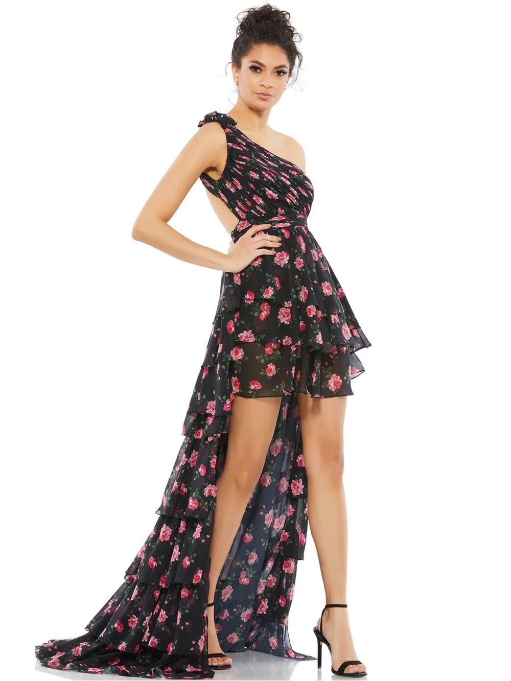 Mac Duggal Floral One Shoulder High Low Dress